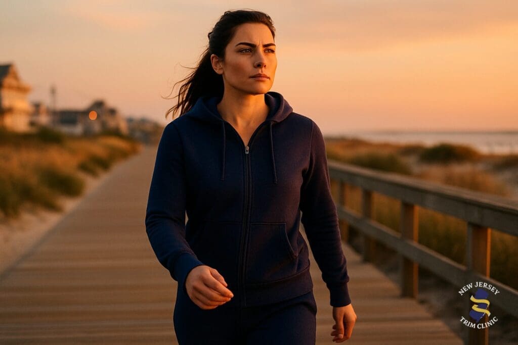 Determined woman walking on a South Jersey boardwalk overcoming a weight loss plateau