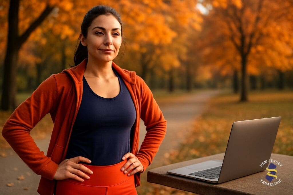 Woman relaxing outdoors during fall considering body contouring treatment