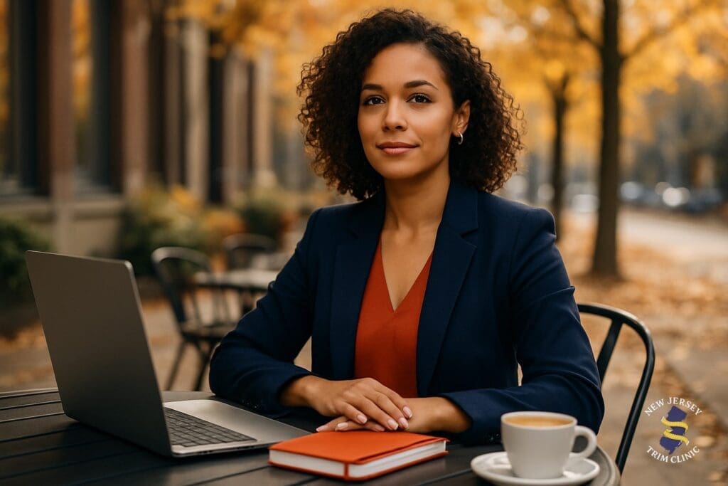 Confident professional at outdoor cafe starting a weight loss journey