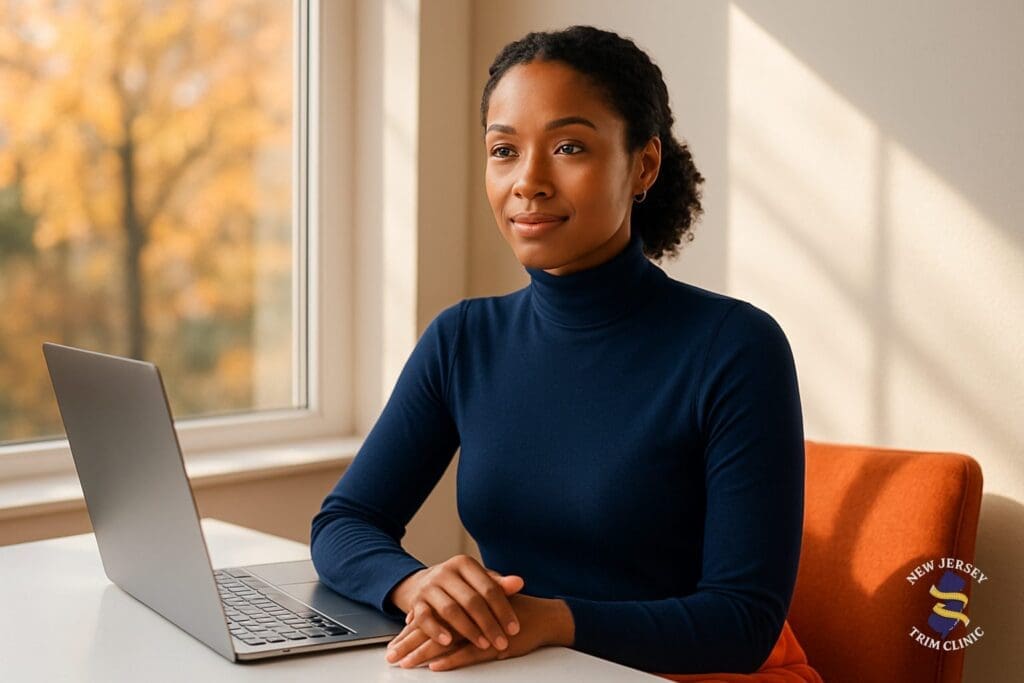 Woman with radiant skin at a bright table before booking Botox
