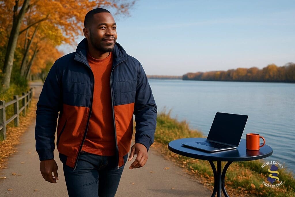 Solopreneur walking a South Jersey waterfront path in cool fall weather