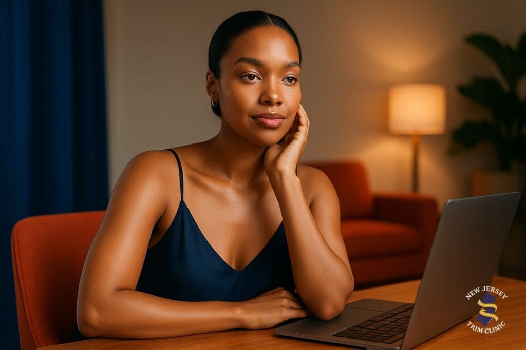 Woman with smooth radiant skin relaxing at home before Jeuveau