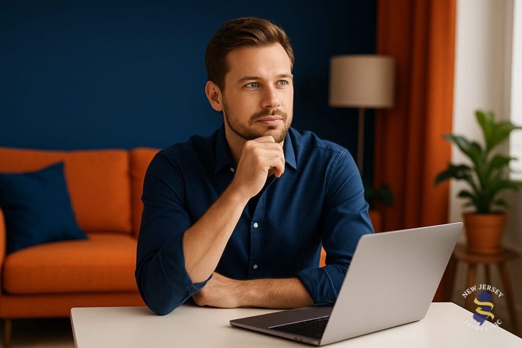 Man reviewing tirzepatide questions before a consultation