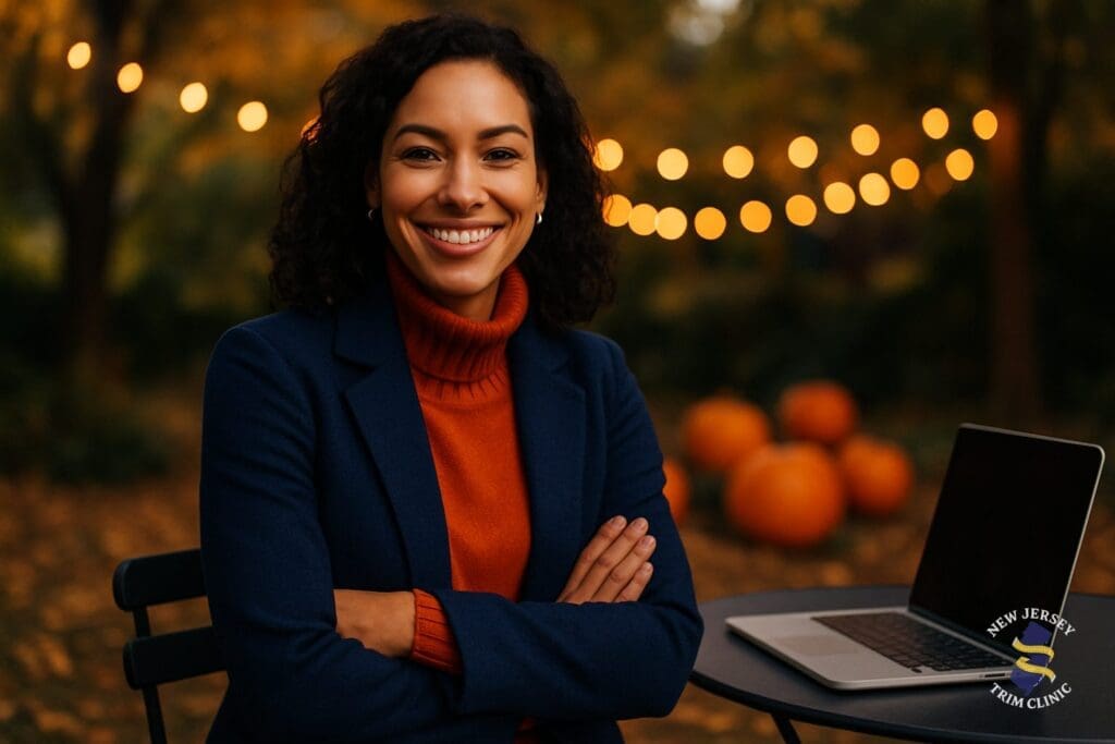 Woman smiling outdoors in autumn evening light near Halloween season