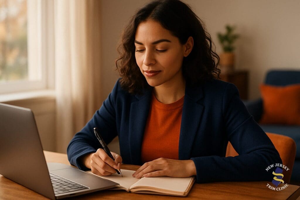 Woman journaling at home starting semaglutide treatment