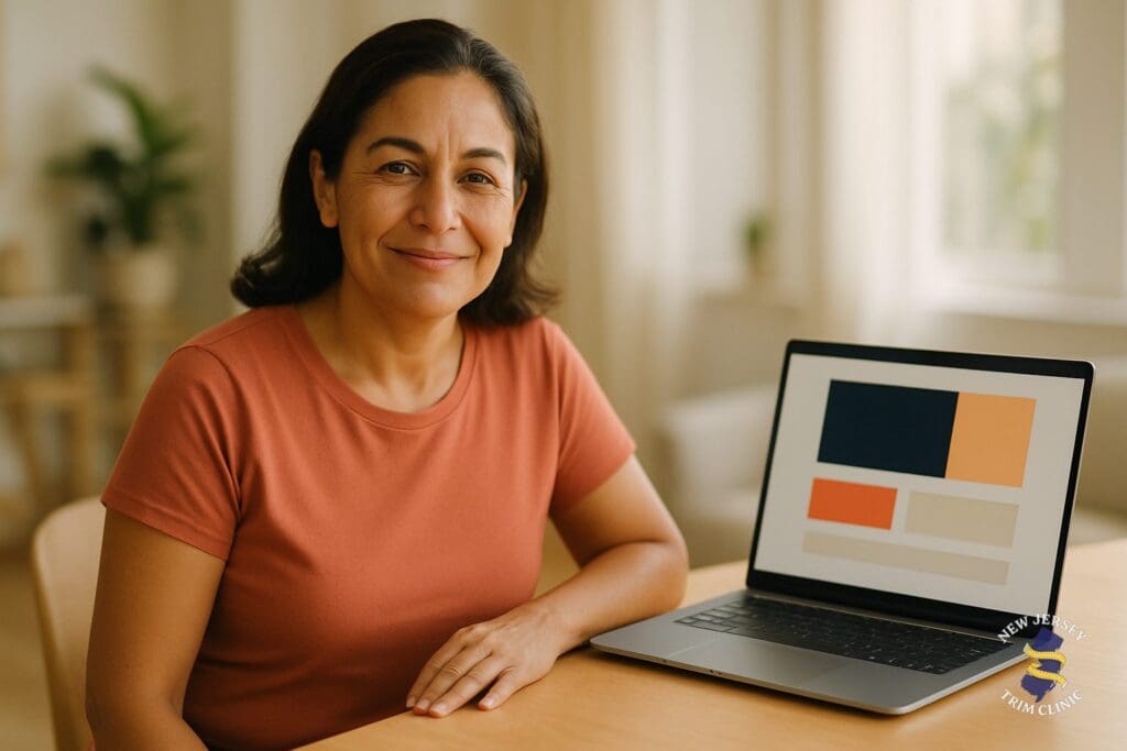 Smiling woman in a coral shirt sitting beside an open laptop at a bright wooden table, representing a South Jersey weight loss patient staying on track over the summer