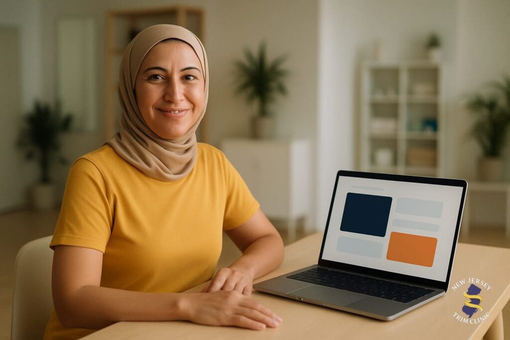 Smiling woman in a mustard yellow shirt seated beside an open laptop in a modern clinic interior, representing a patient preparing for a Botox or Jeuveau appointment