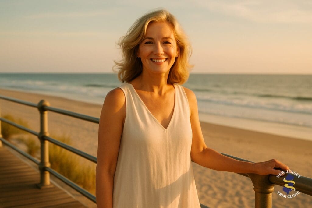 An elegant woman standing on the Ocean City, NJ boardwalk at golden hour