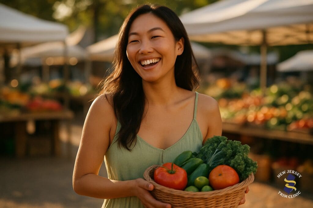 A woman holding a basket of fresh produce at an outdoor farmers market in South Jersey
