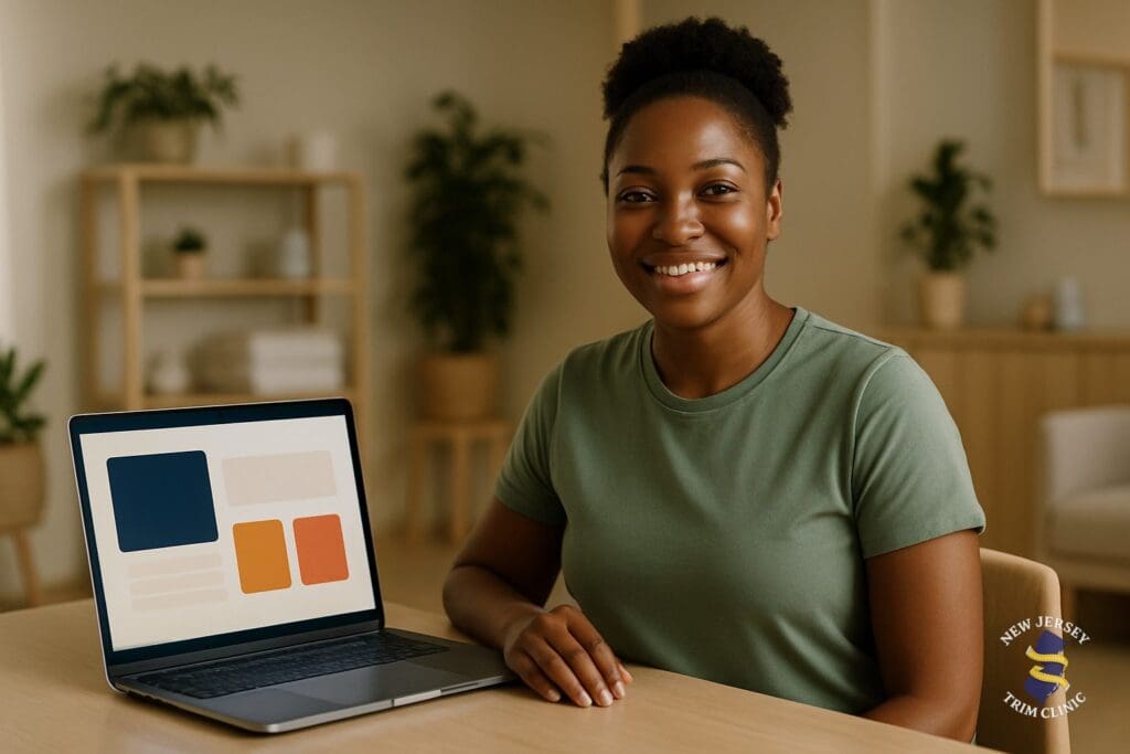 Smiling woman in a sage green shirt seated beside an open laptop in a bright clinic setting, representing a welcoming first-visit consultation at NJ Trim Clinic
