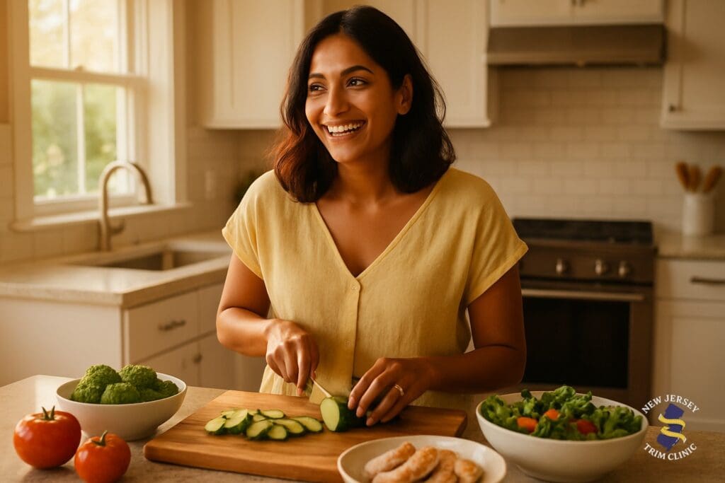 A woman preparing a fresh, healthy meal with vegetables and lean protein in a bright modern southern New Jersey kitchen