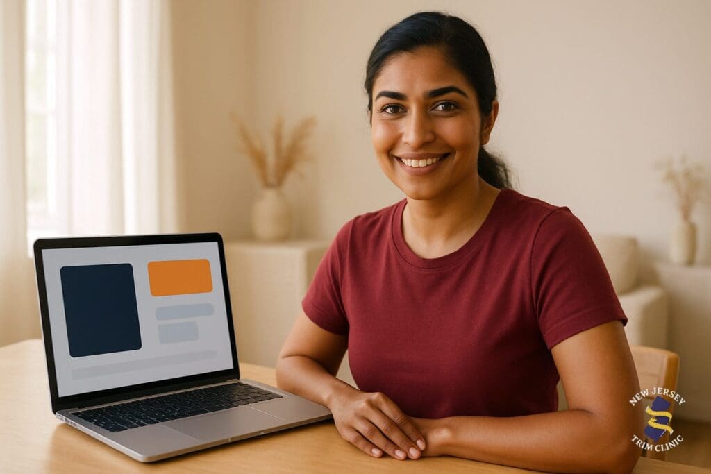 Smiling woman in a burgundy shirt seated beside an open laptop in a bright sunlit space, representing a South Jersey patient building sustainable weight loss habits