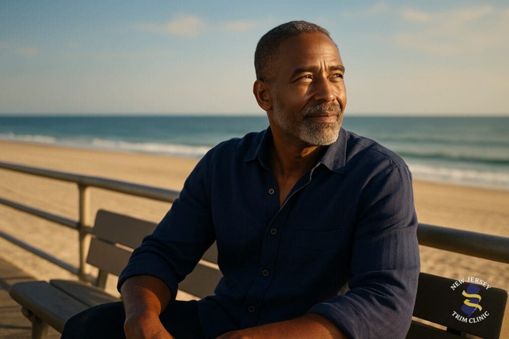 A man sitting on a bench overlooking the ocean on the Ocean City, NJ boardwalk