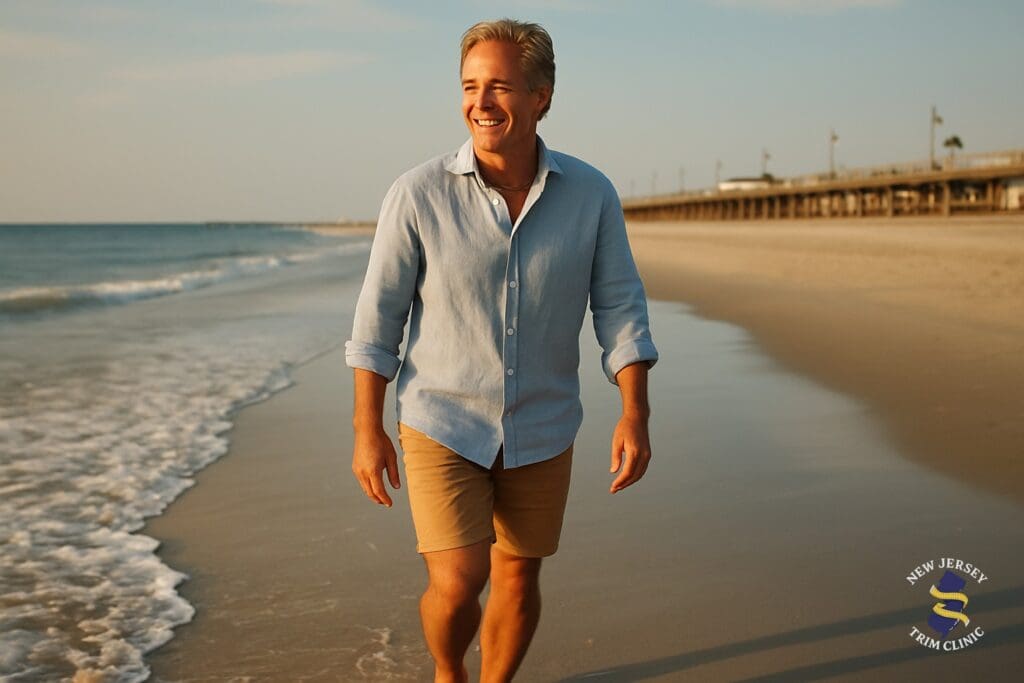 A man walking barefoot at the waters edge on the beach near the Ocean City, NJ boardwalk on a sunny summer day