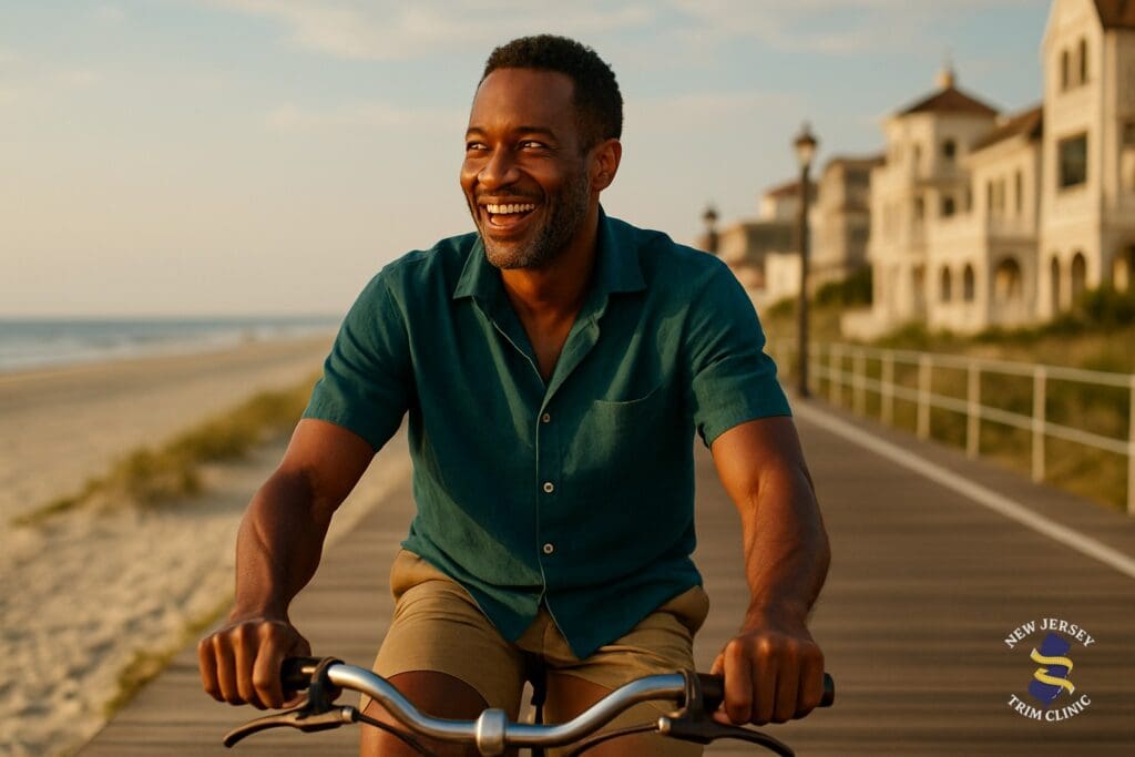 A man riding a bicycle along the Ocean City, NJ boardwalk shore path on a sunny summer day