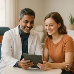 Smiling doctor and patient discussing a Botox and Jeuveau treatment plan together at New Jersey Trim Clinic