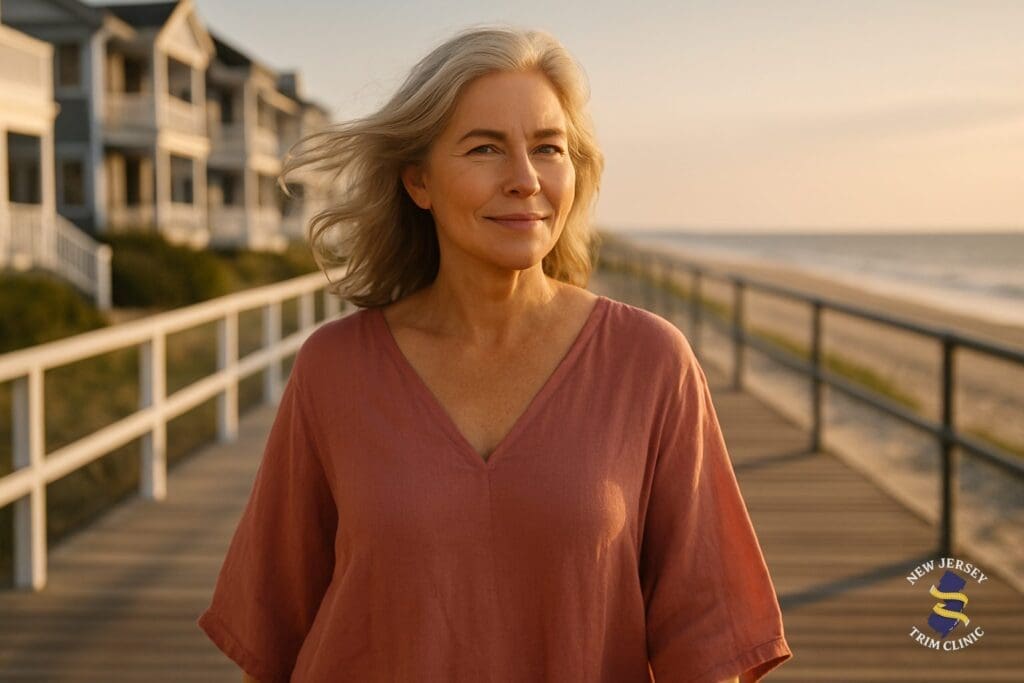 Elegant woman walking the Ocean City, New Jersey boardwalk, smiling confidently