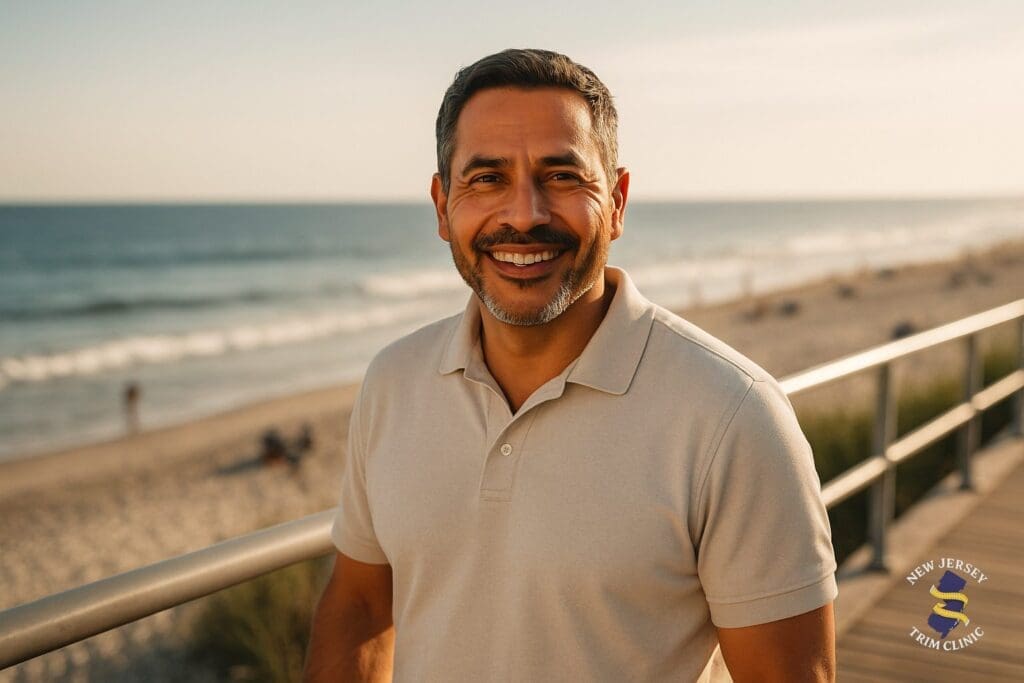 Confident man standing at the boardwalk railing in Ocean City, New Jersey with the ocean behind him