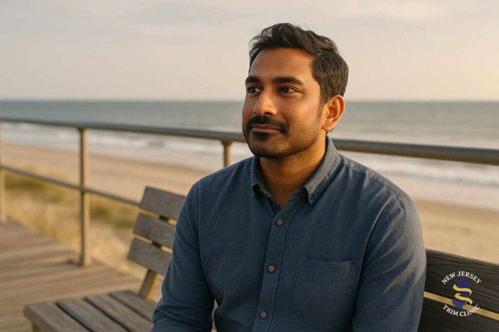 Man sitting on a bench on the Ocean City, New Jersey boardwalk, looking out at the ocean