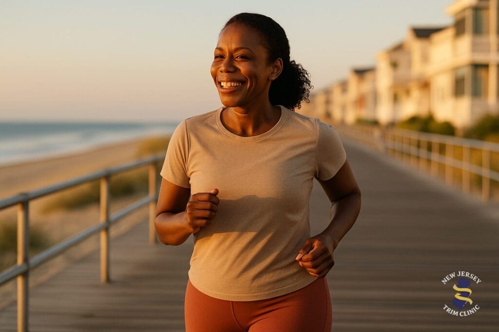 Confident woman jogging along the Ocean City, New Jersey boardwalk with the beach in the background
