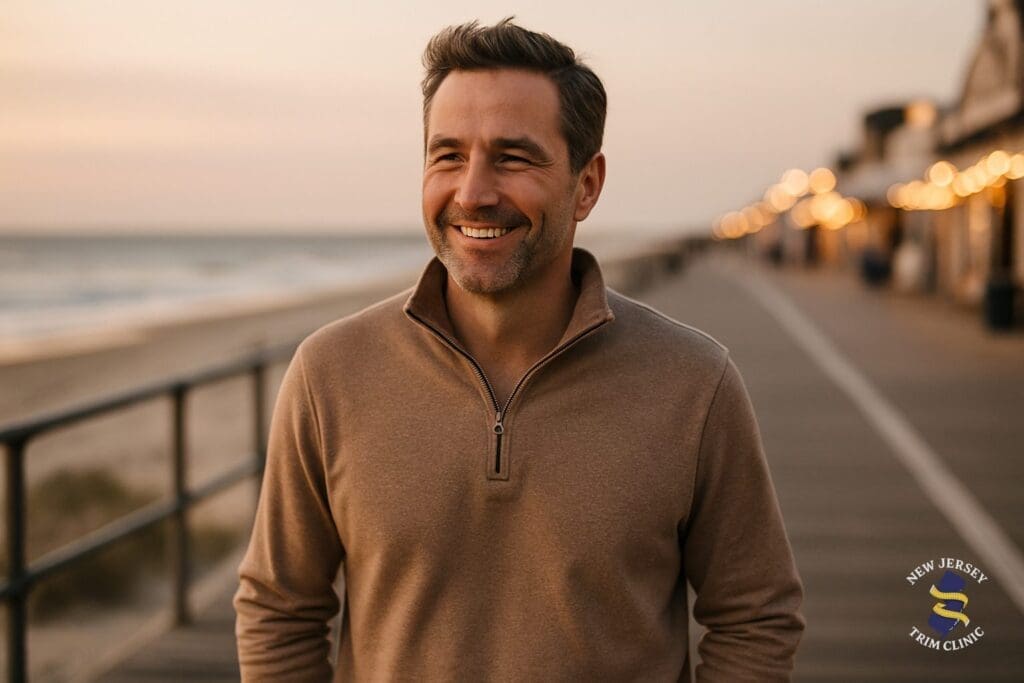 Confident man walking along the Ocean City, New Jersey boardwalk in the evening light