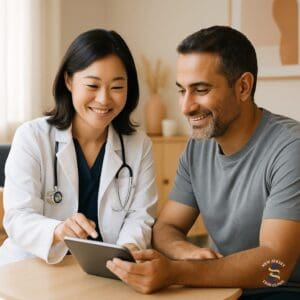 Smiling doctor and patient discussing an Ultimate Contour body sculpting plan together at New Jersey Trim Clinic