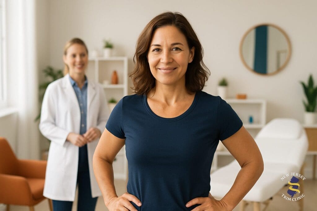 Confident woman at New Jersey Trim Clinic feeling healthy and in control during her weekly weight loss injection care plan