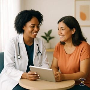 Smiling doctor and patient reviewing a personalized weight loss plan together at New Jersey Trim Clinic