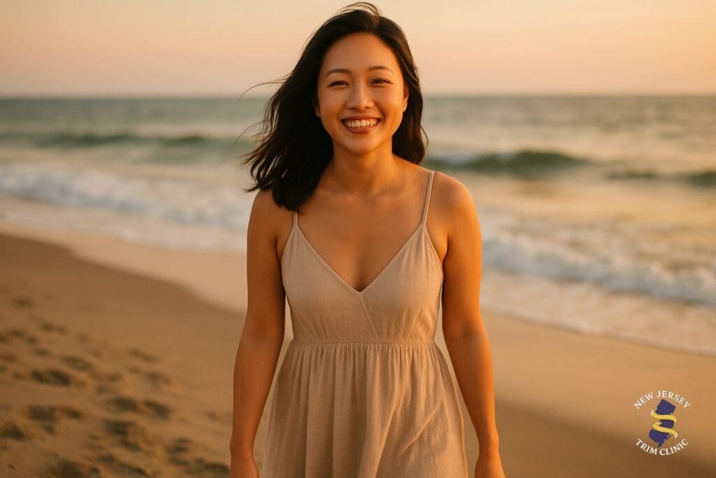 Confident woman walking along the beach in Ocean City, New Jersey with the ocean behind her